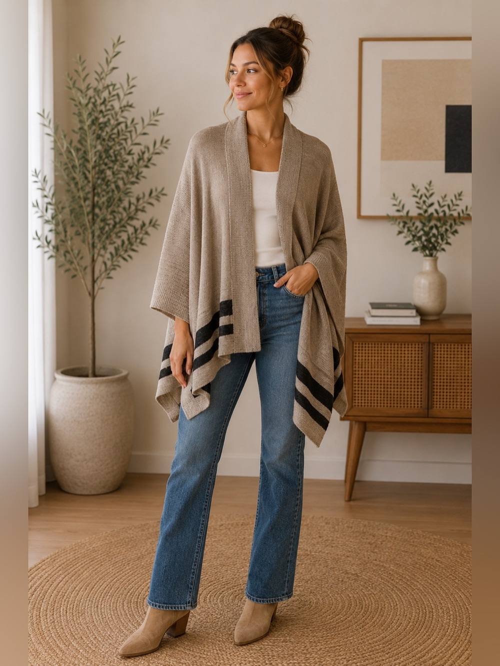 Fraas Neutral Taupe Knit Ponchoā Cape